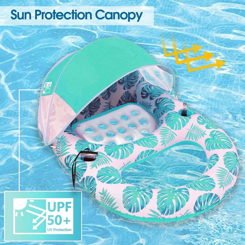 COOLCOOLDEE Pool Lounge Float with Canopy UPF50+,Extra Large Pool Floats for Adults Heavy Duty,Inflatable Lounger Float with Cup Holder & Backrest,Footrest - Image 2