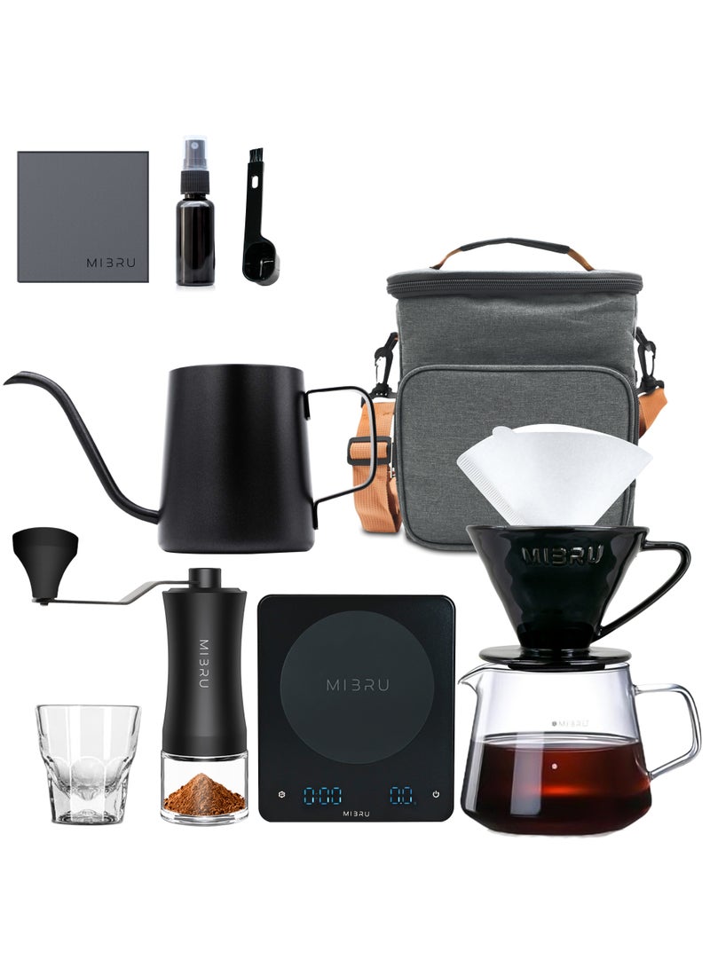 MIBRU V60 Pour Over Premium Drip Coffee Maker Kit, 11-piece Drip Coffee Maker with Coffee Bag Gray, Specialty Coffee Bag (Pink), Coffee Bean Grinder, Coffee Bean Spray Bottle, Coffee Spoon, 01 Paper Coffee Filter, 01 Coffee Dripper, 350ml Mini Coffee Sharing Pot, Slim Neck Manual Coffee Pot, Restrictor Spout for Drip Coffee Pot, Professional Coffee Scale, Coffee Towel, Cortado Cup, Specialty Coffee Kit, Specialty Coffee Tools, Coffee Machine, Coffee Cup, Coffee Cleaning Kit, Pour-Over Coffee Maker Accessories  - Image 1