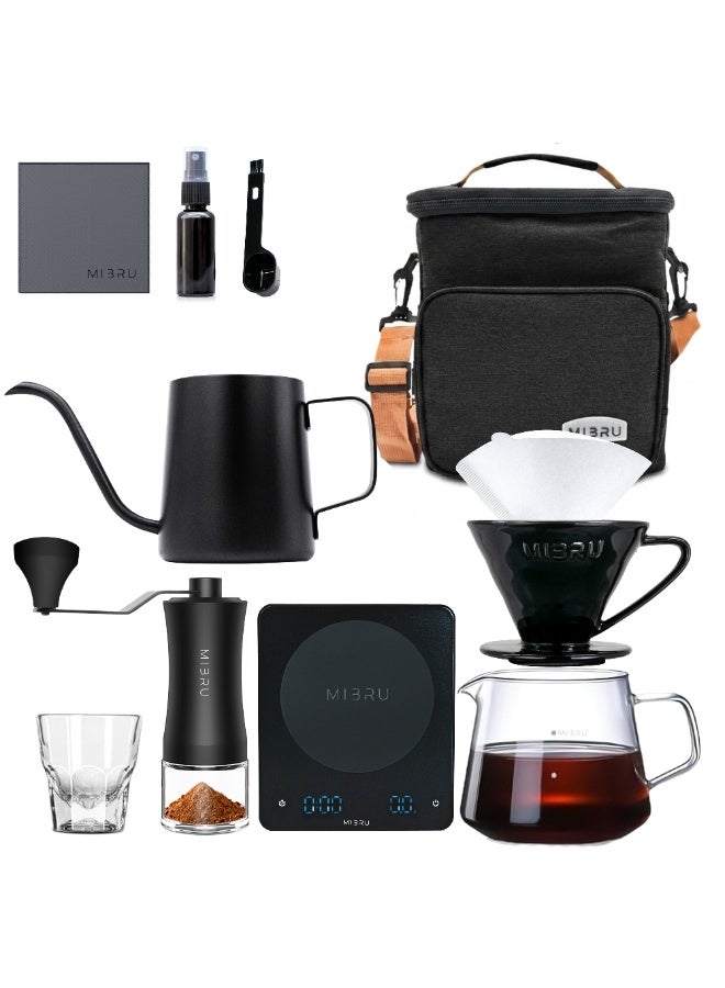 MIBRU V60 Pour Over Premium Drip Coffee Maker Kit, 11-piece Drip Coffee Maker with Coffee Bag Gray, Specialty Coffee Bag (Pink), Coffee Bean Grinder, Coffee Bean Spray Bottle, Coffee Spoon, 01 Paper Coffee Filter, 01 Coffee Dripper, 350ml Mini Coffee Sharing Pot, Slim Neck Manual Coffee Pot, Restrictor Spout for Drip Coffee Pot, Professional Coffee Scale, Coffee Towel, Cortado Cup, Specialty Coffee Kit, Specialty Coffee Tools, Coffee Machine, Coffee Cup, Coffee Cleaning Kit, Pour-Over Coffee Maker Accessories - Image 1