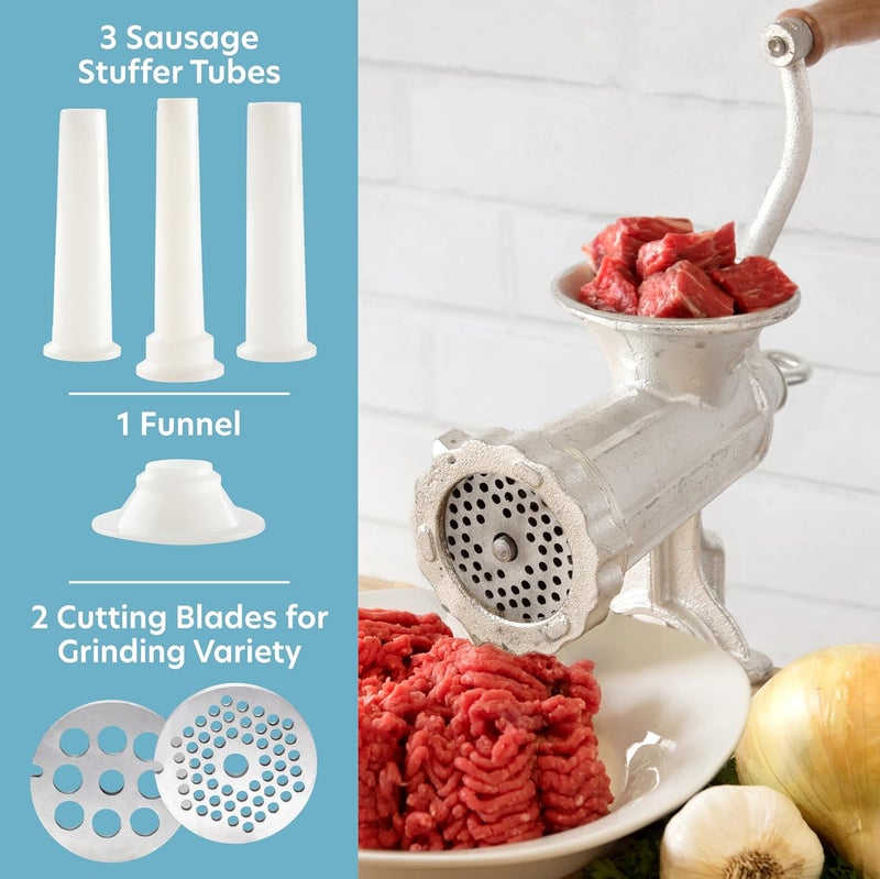 CucinaPro Meat Grinder w Tabletop Clamp & 2 Cutting Disks, Cast Iron Heavy Duty Sausage Maker & Manual Meat Mincer- Homemade Burger Patties, Ground Beef & More, Portable Holiday Cooking, Kitchen Essential Gift - Image 2