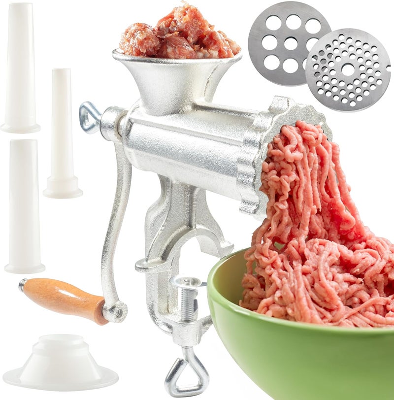 CucinaPro Meat Grinder w Tabletop Clamp & 2 Cutting Disks, Cast Iron Heavy Duty Sausage Maker & Manual Meat Mincer- Homemade Burger Patties, Ground Beef & More, Portable Holiday Cooking, Kitchen Essential Gift - Image 1