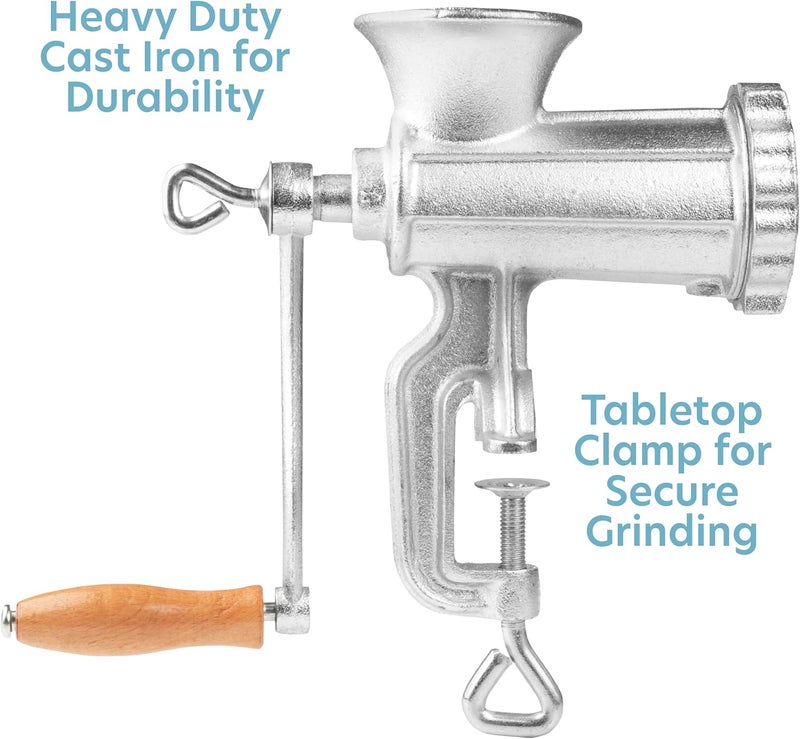 CucinaPro Meat Grinder w Tabletop Clamp & 2 Cutting Disks, Cast Iron Heavy Duty Sausage Maker & Manual Meat Mincer- Homemade Burger Patties, Ground Beef & More, Portable Holiday Cooking, Kitchen Essential Gift - Image 3
