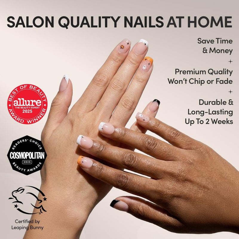 Glamnetic Press On Nails - Tiny Pumpkin | Short Squoval French Tip Fake Nails with Pumpkin Graphics & Glossy Finish, Salon Quality Halloween Nails | 15 Sizes - 30 Nail Kit with Glue - Image 2