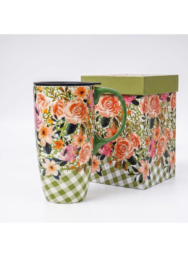 Topadorn Ceramic Travel Mug with Lid and Handle - Large Capacity 17 Oz Coffee Cup, Latte Teacup, Milk Mug - Gift for Coffee Lovers in Color Box - Green Flowers - Image 1