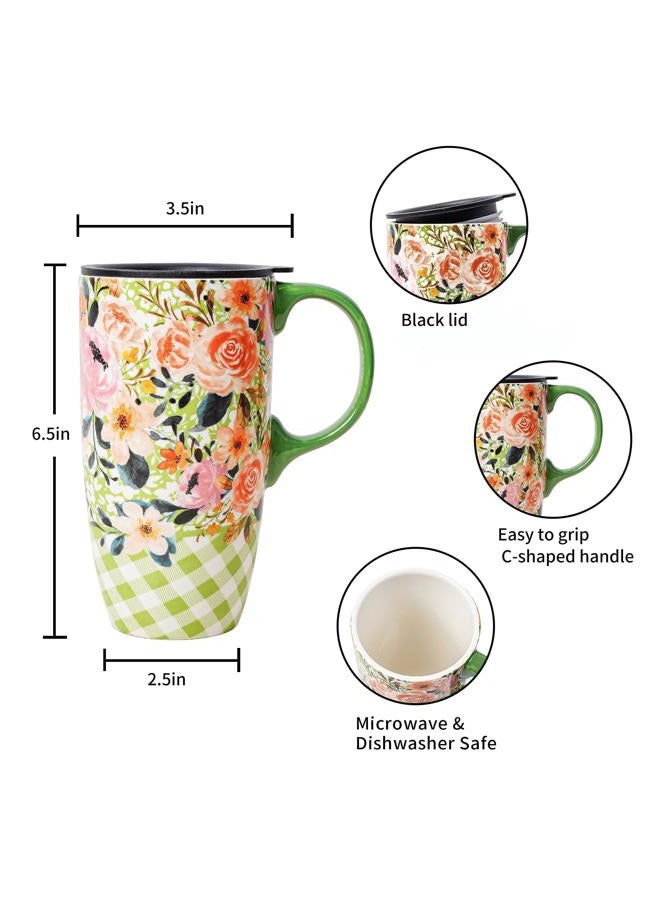 Topadorn Ceramic Travel Mug with Lid and Handle - Large Capacity 17 Oz Coffee Cup, Latte Teacup, Milk Mug - Gift for Coffee Lovers in Color Box - Green Flowers - Image 3