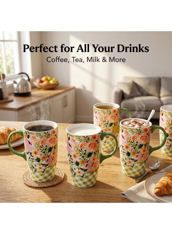 Topadorn Ceramic Travel Mug with Lid and Handle - Large Capacity 17 Oz Coffee Cup, Latte Teacup, Milk Mug - Gift for Coffee Lovers in Color Box - Green Flowers - Image 4