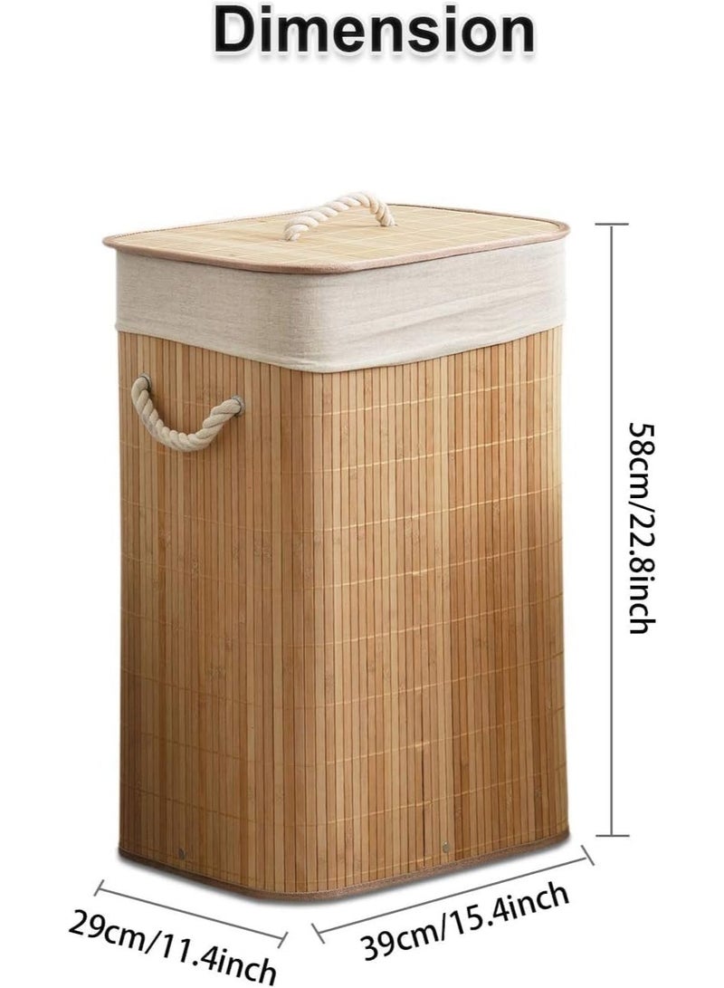 Bamboo Laundry Hamper with Lid & Removable Liner & Rope Handles Dirty Clothes Storage Basket Organizer for Laundry Room and Bedroom - Image 4