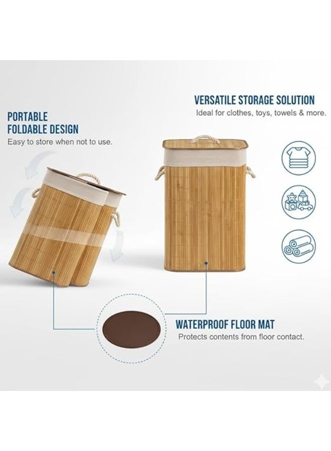 Bamboo Laundry Hamper with Lid & Removable Liner & Rope Handles Dirty Clothes Storage Basket Organizer for Laundry Room and Bedroom - Image 3