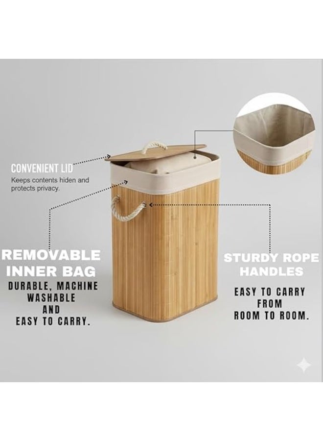 Bamboo Laundry Hamper with Lid & Removable Liner & Rope Handles Dirty Clothes Storage Basket Organizer for Laundry Room and Bedroom - Image 2