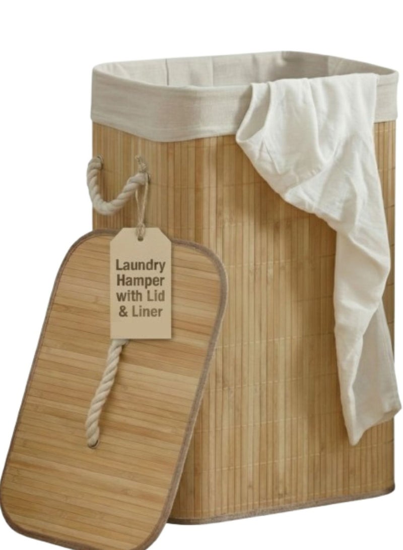 Bamboo Laundry Hamper with Lid & Removable Liner & Rope Handles Dirty Clothes Storage Basket Organizer for Laundry Room and Bedroom - Image 1