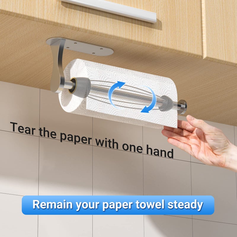 Swaitee Paper Towel Holder Under Cabinet, One-Handed Tear, Wall Mount, Adhesive, Stainless Steel, Silver, Paper Roll Holder with Ratchet Mechanism for Kitchen Bathroom Farmhouse Essentials Decor Accessories - Image 2