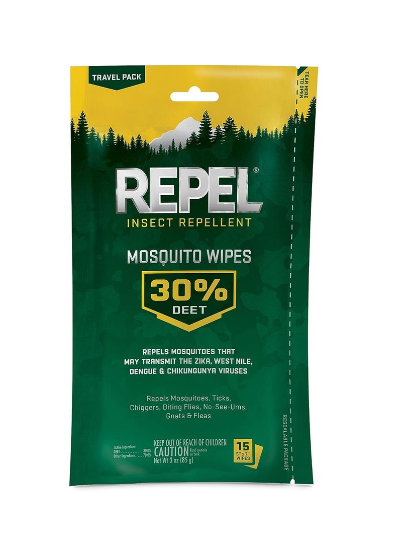 repel Repel Insect Repellent Mosquito Wipes, Repels Mosquitoes, Ticks, Gnats and Other Listed Pests, 30% DEET (15 Wipes) Travel Sized  - Image 1