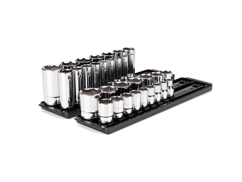 TEKTON 12 Inch Drive 6Point Socket Set with Rails and Trays 32Piece 381516 in SHD92205