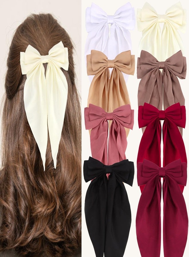 AMCAMI 8PCS Large Hair Bow Clips,Silky Satin Hair Bow Barrette,Pink Red Black White Brown Bow for Hair - Image 1