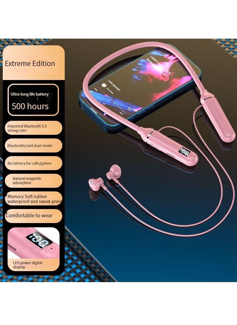 GELESE Digital display neck-worn wireless bluetooth earphone multi-functional large-capacity semi-in-ear sports stereo hanging neck headset (pink)  - Image 1