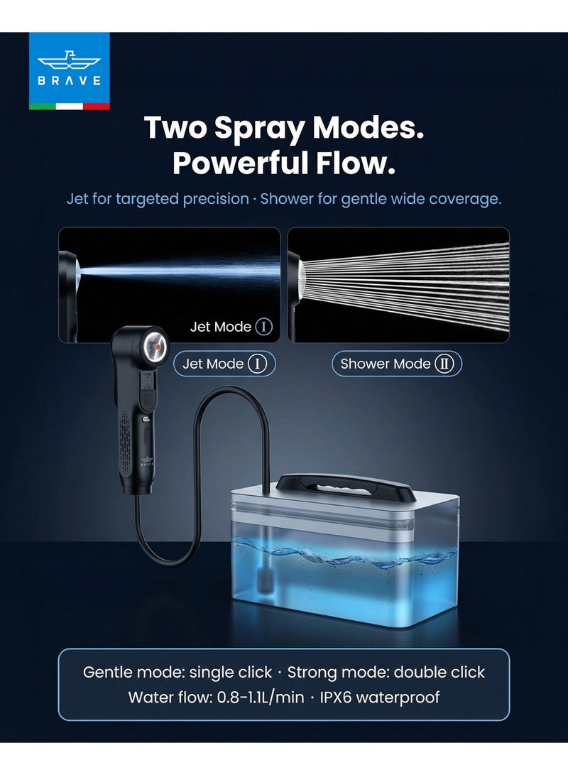 Brave Electric Portable Bidet 2.3L Water Tank, Rechargeable Travel Shattaf Shower Sprayer, Camping Bidet Almusafir, High Pressure Personal Hygiene Washer with Smart LED Display, 2-Speed Water Flow Control, 1.2M Flexible Hose, IPX6 Waterproof Design, 60-100 Minutes Battery Life, Compact Lightweight Portable Shattaf for Camping, Hiking, Outdoor Travel & Personal Care - Image 4