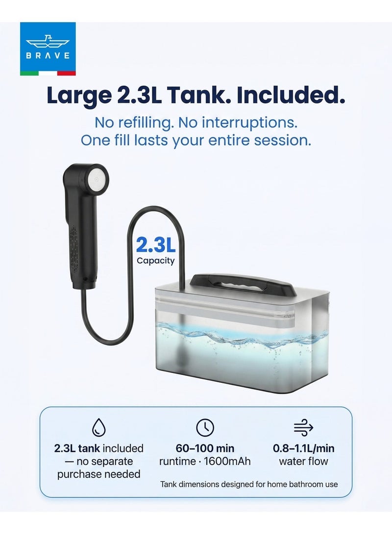Brave Electric Portable Bidet 2.3L Water Tank, Rechargeable Travel Shattaf Shower Sprayer, Camping Bidet Almusafir, High Pressure Personal Hygiene Washer with Smart LED Display, 2-Speed Water Flow Control, 1.2M Flexible Hose, IPX6 Waterproof Design, 60-100 Minutes Battery Life, Compact Lightweight Portable Shattaf for Camping, Hiking, Outdoor Travel & Personal Care - Image 5