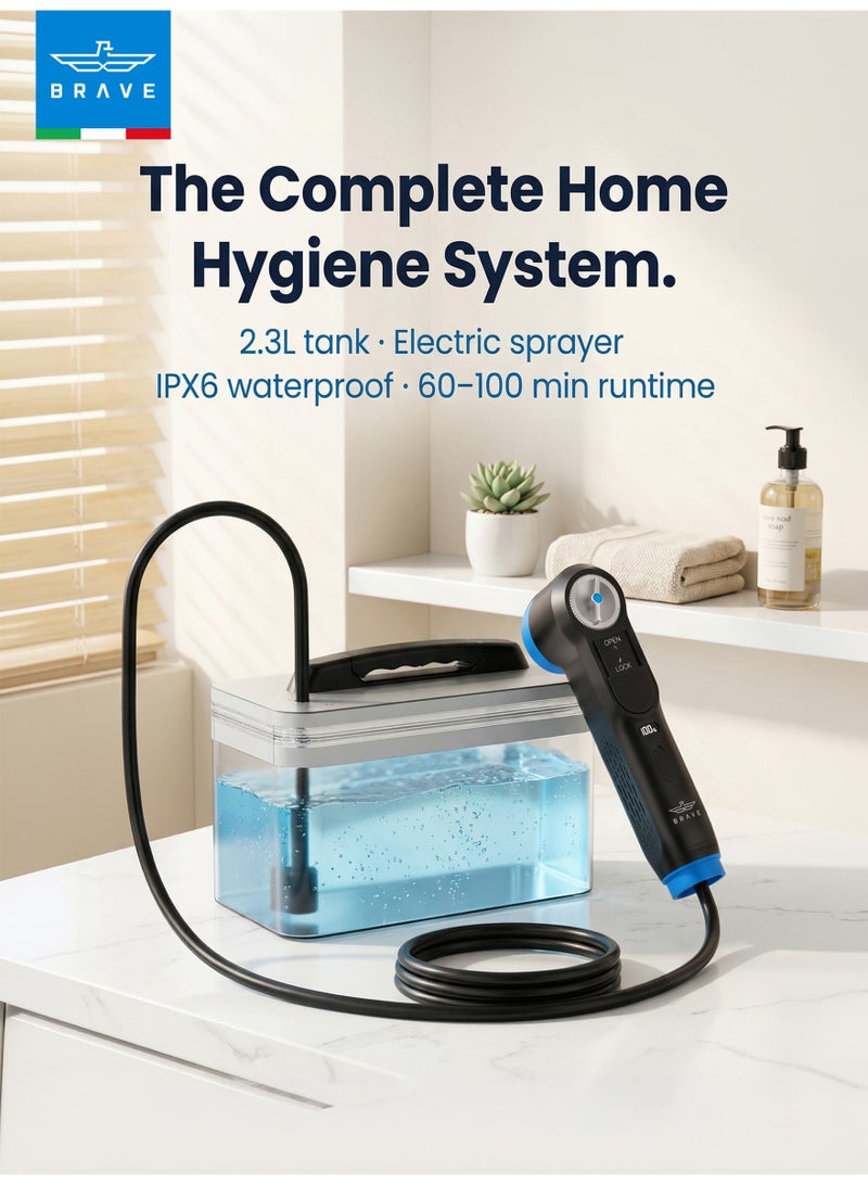 Brave 2.3L Portable Electric Bidet Shattaf | Rechargeable Travel Bidet with High-Pressure Water Spray, 2-Speed Flow Control & Smart LED Display | 1.2M Flexible Hose, IPX6 Waterproof, 60–100 Min Battery Life | Portable Personal Hygiene Washer for Camping, Hiking, Outdoor Travel, Home & Public Restrooms | Compact & Lightweight | Black - Image 3