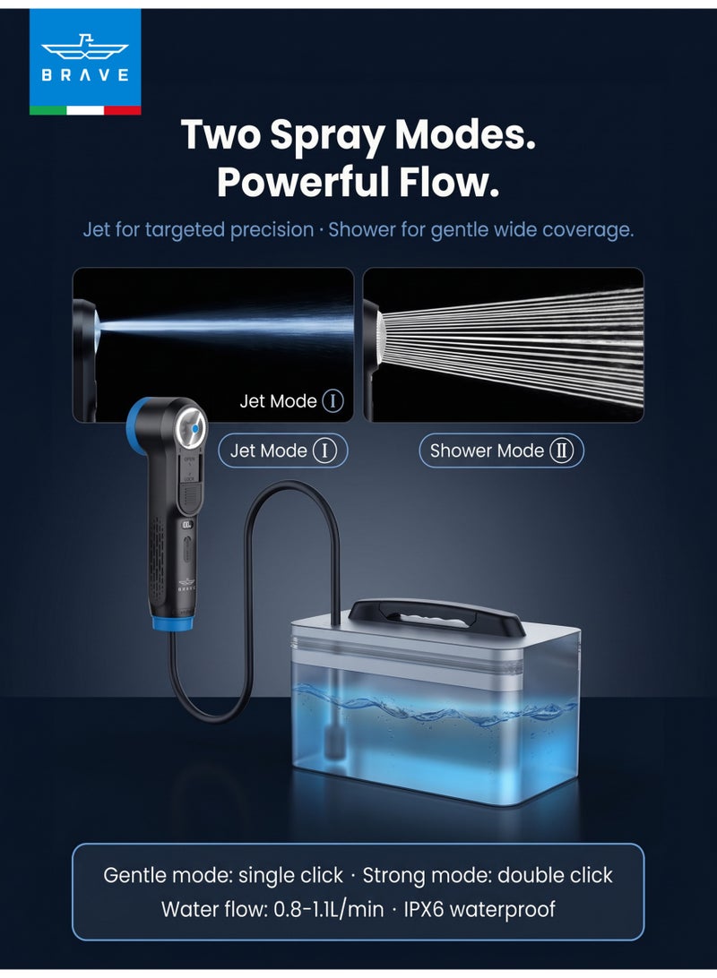 Brave 2.3L Portable Electric Bidet Shattaf | Rechargeable Travel Bidet with High-Pressure Water Spray, 2-Speed Flow Control & Smart LED Display | 1.2M Flexible Hose, IPX6 Waterproof, 60–100 Min Battery Life | Portable Personal Hygiene Washer for Camping, Hiking, Outdoor Travel, Home & Public Restrooms | Compact & Lightweight | Black - Image 4