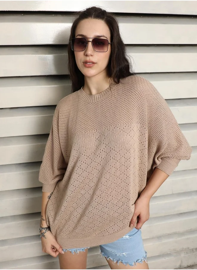 هاي ستار Women's Brown 100% Cotton Solid Pattern Regular Fit Top