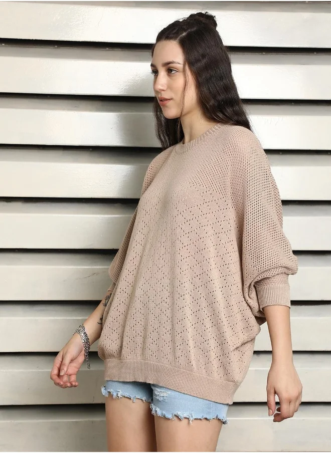 هاي ستار Women's Brown 100% Cotton Solid Pattern Regular Fit Top