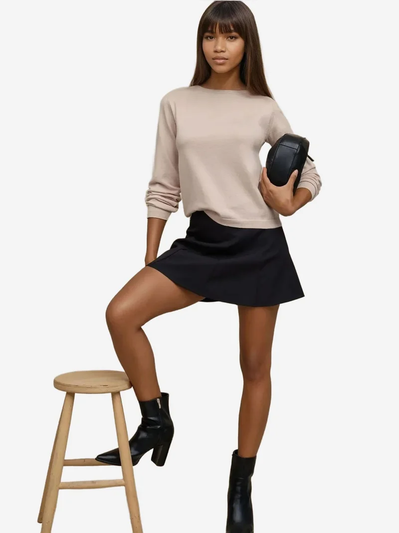 زوبعة كنزة أساسية بياقة مستديرة من مزيج الفيسكوز