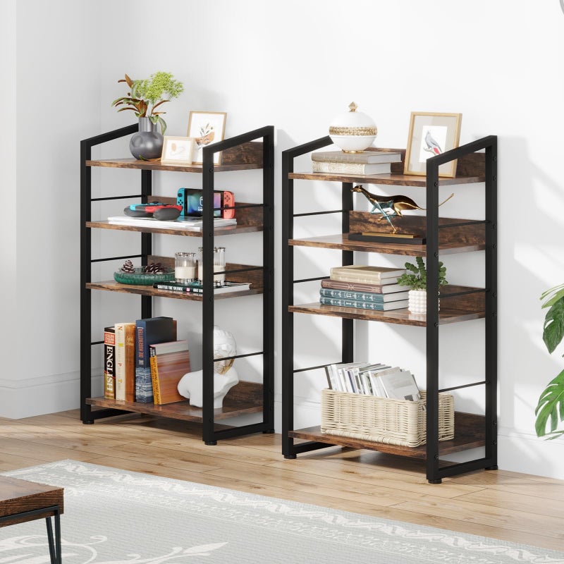 Hosfais Book Shelf Small Bookshelf: 4-Tier Wood Bookcase Industrial Bookshelf with Edge Protection Metal Narrow Bookcase Storage Organizer Display Rack for Bedroom Home Office (Brown) - Image 5