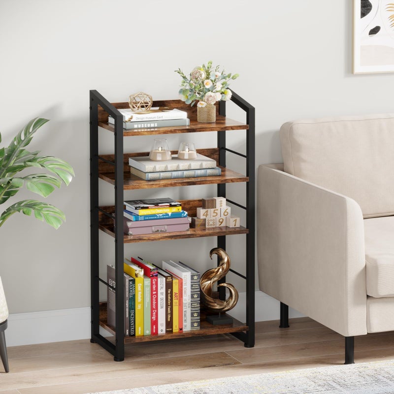 Hosfais Book Shelf Small Bookshelf: 4-Tier Wood Bookcase Industrial Bookshelf with Edge Protection Metal Narrow Bookcase Storage Organizer Display Rack for Bedroom Home Office (Brown) - Image 3