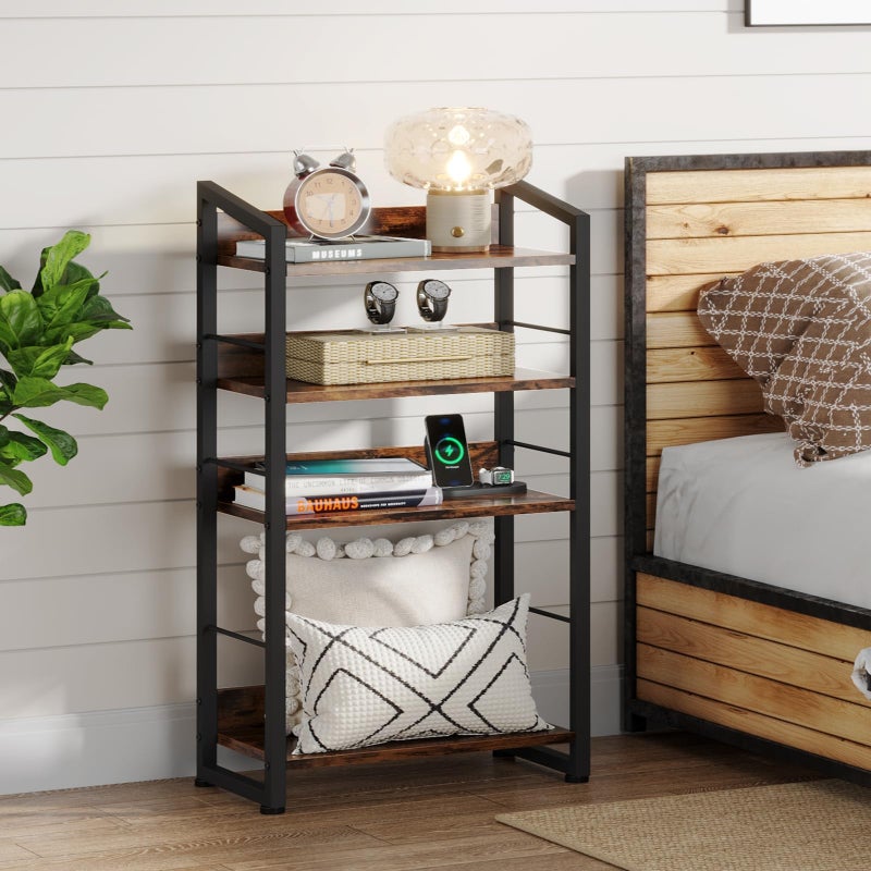 Hosfais Book Shelf Small Bookshelf: 4-Tier Wood Bookcase Industrial Bookshelf with Edge Protection Metal Narrow Bookcase Storage Organizer Display Rack for Bedroom Home Office (Brown) - Image 4