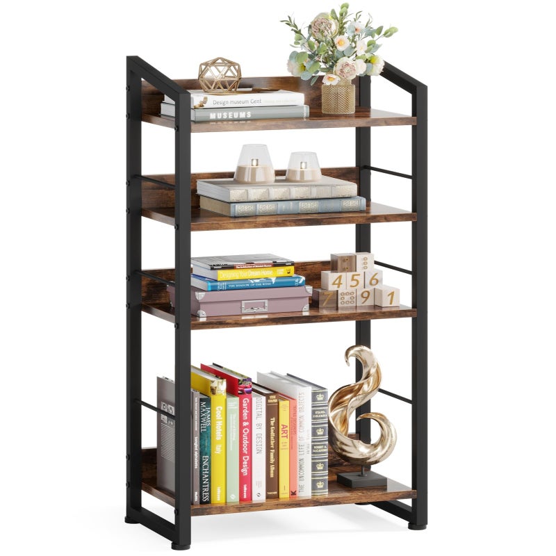 Hosfais Book Shelf Small Bookshelf: 4-Tier Wood Bookcase Industrial Bookshelf with Edge Protection Metal Narrow Bookcase Storage Organizer Display Rack for Bedroom Home Office (Brown) - Image 1