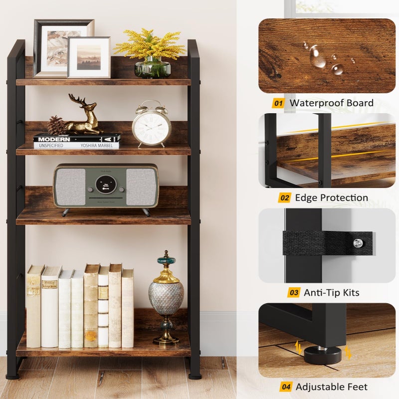 Hosfais Book Shelf Small Bookshelf: 4-Tier Wood Bookcase Industrial Bookshelf with Edge Protection Metal Narrow Bookcase Storage Organizer Display Rack for Bedroom Home Office (Brown) - Image 2