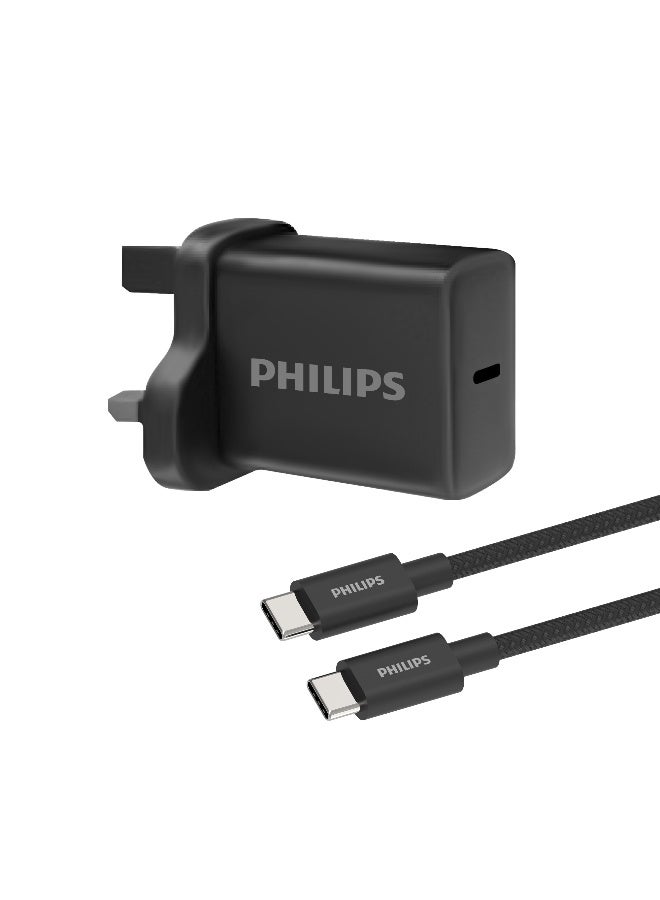 Philips 30W GaN Fast Wall Charger with 65W USB-C to USB-C Braided Cable, 1m, High-Speed Power Delivery for Smartphones, Tablets & Laptops – Black - Image 1