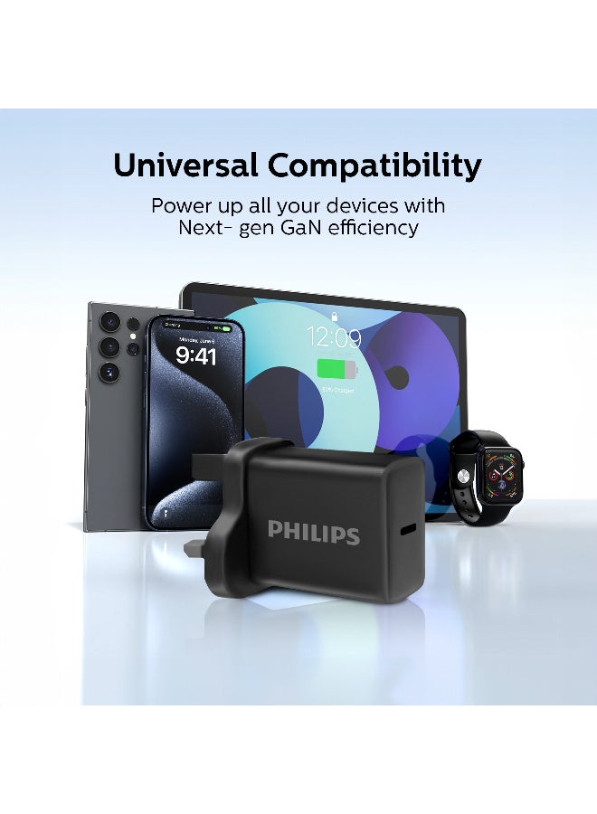 Philips 30W GaN Fast Wall Charger with 65W USB-C to USB-C Braided Cable, 1m, High-Speed Power Delivery for Smartphones, Tablets & Laptops – Black - Image 3