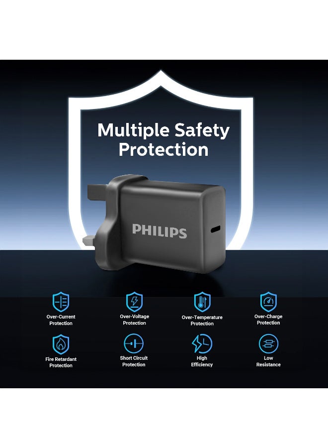 Philips 30W GaN Fast Wall Charger with 65W USB-C to USB-C Braided Cable, 1m, High-Speed Power Delivery for Smartphones, Tablets & Laptops – Black - Image 5