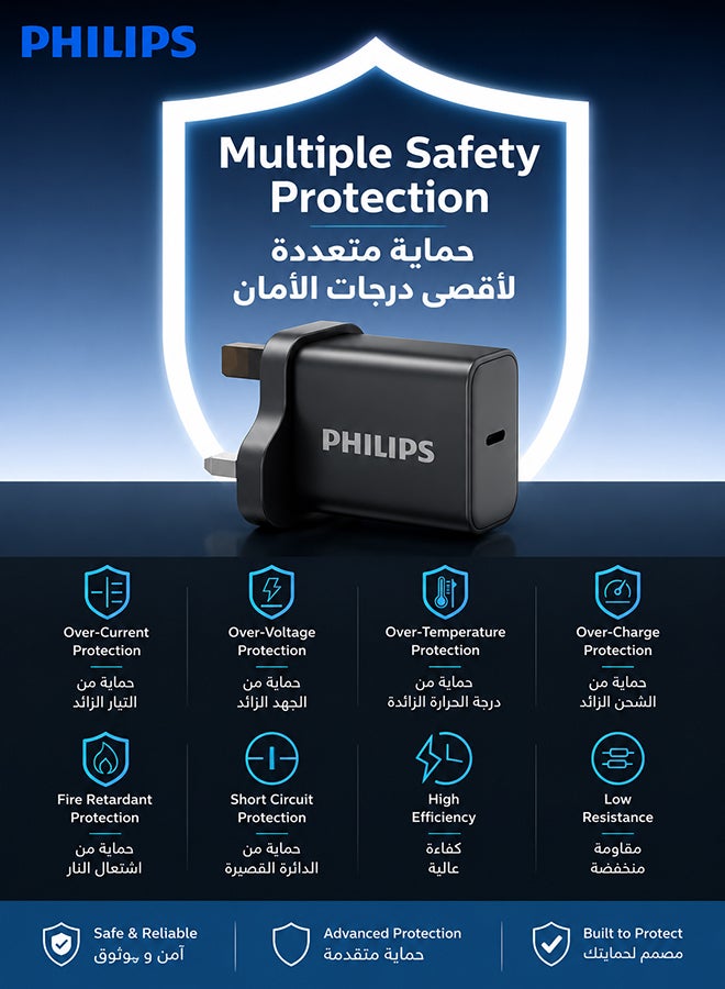 Philips 30W GaN Fast Wall Charger with 65W USB-C to USB-C Braided Cable, 1m, High-Speed Power Delivery for Smartphones, Tablets & Laptops – Black - Image 5