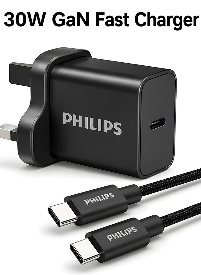Philips 30W GaN Fast Wall Charger with 65W USB-C to USB-C Braided Cable, 1m, High-Speed Power Delivery for Smartphones, Tablets & Laptops – Black - Image 1