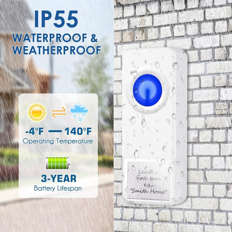 PHYSEN Store Wireless Door Bell, Waterproof Doorbell Chimes for Home Operating at over 1300-ft Range 58 Doorbell Ringer 5 Volume Levels LED Strobe Door Bell kits with 4 Push Buttons & 3 Receivers - Image 5