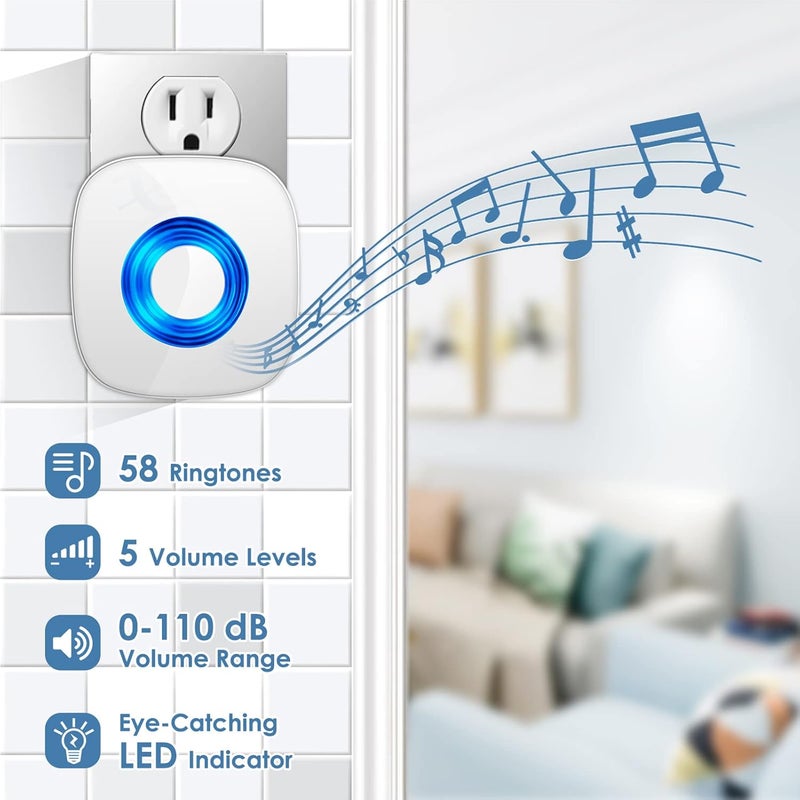 PHYSEN Store Wireless Door Bell, Waterproof Doorbell Chimes for Home Operating at over 1300-ft Range 58 Doorbell Ringer 5 Volume Levels LED Strobe Door Bell kits with 4 Push Buttons & 3 Receivers - Image 2