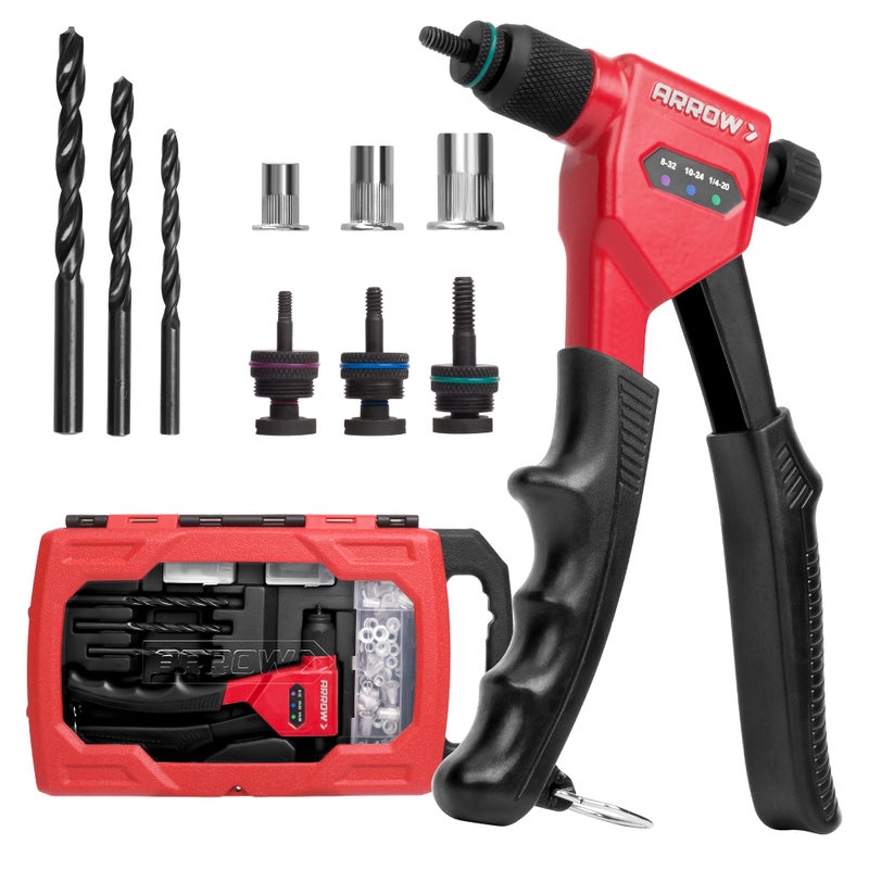 Arrow Rivet Nut Tool 8 Rivet Nut Gun Kit Designed for Tight Space Rivet Nut Setter with 3 Pcs Mandrels 832 1024 1420 75 Pcs Rivnuts and 3 Pcs Drills Sturdy Case Packed