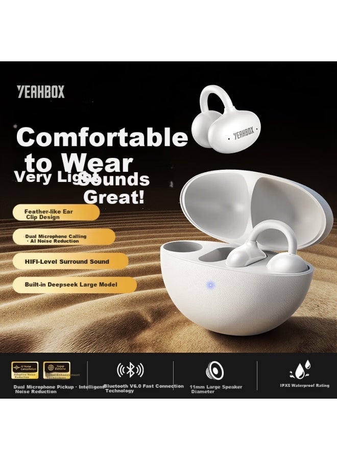 Yeahbox Popolite Bluetooth Ear Clip Bone Conduction Wireless Ai Active Noise Cancelling Long Battery Life Sports Call Headphones Birthday Gift Coconut Milk White - Image 1
