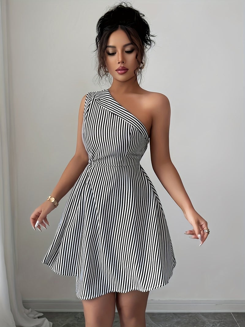 Striped Magical Visual One-Shoulder Dress - Image 2