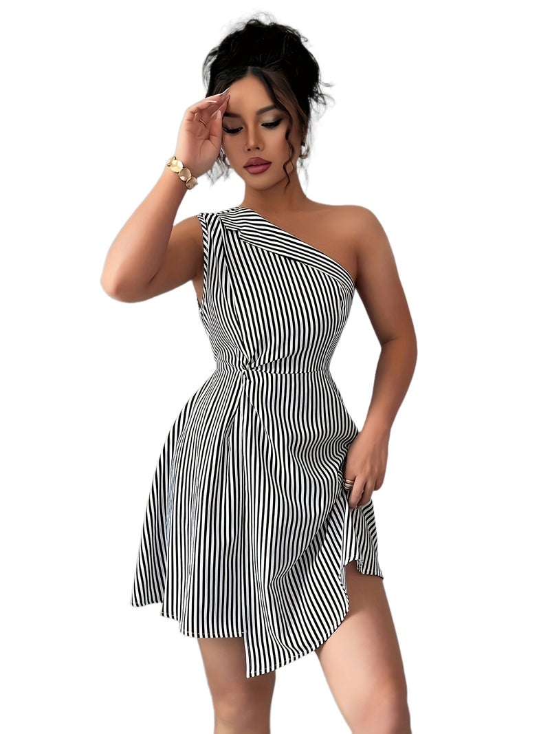 Striped Magical Visual One-Shoulder Dress - Image 1