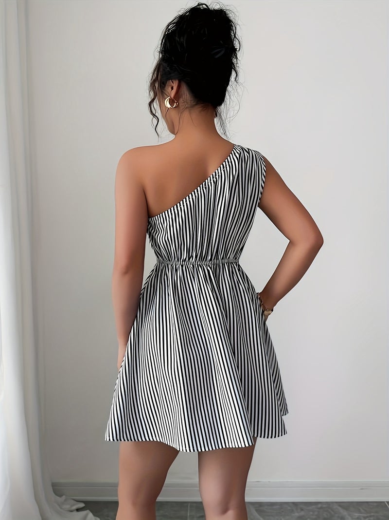 Striped Magical Visual One-Shoulder Dress - Image 3