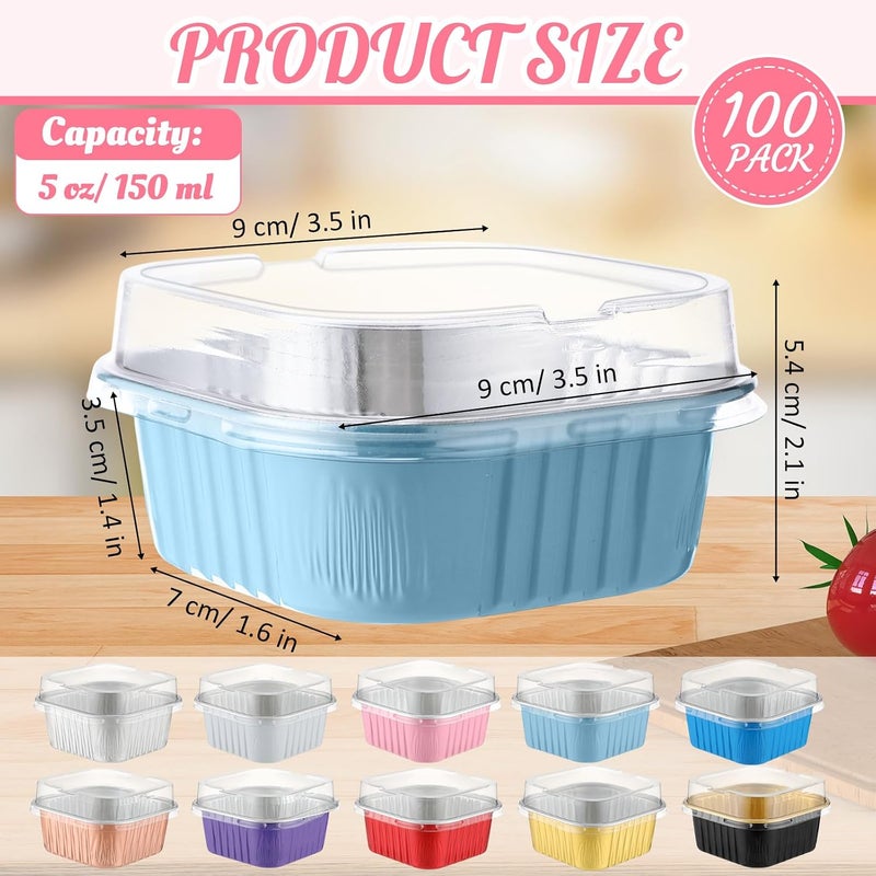 Skylety 100 Pcs 5 oz Mini Square Baking Pan with Lid Aluminum Foil Cupcake Pan Brownie Baking Cup Disposable Ramekins Individual Tin Dessert Containers for Kitchen, Food Grade Material (Mixed Color) - Image 2