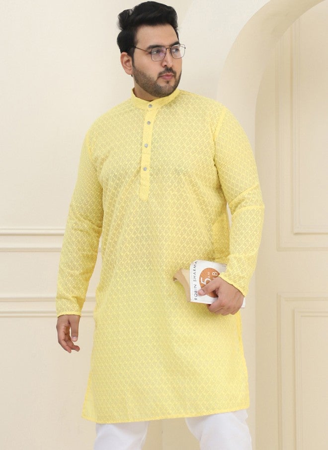 Sojanya قميص كورتا مزخرف بنقوش عرقية صفراء للرجال - Image 1