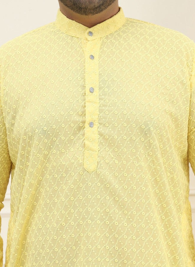 Sojanya قميص كورتا مزخرف بنقوش عرقية صفراء للرجال - Image 3