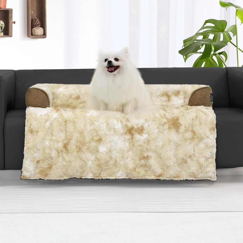blunique Calming Dog Couch Bed for Medium Dogs/Cats, 35 x 31 inch Waterproof Removable Dog Mat Couch Cover for Furniture Protector, Non-Slip Fluffy blunique Pet Bed for Couch, Sofa - Tie-Dye Khaki - Image 1