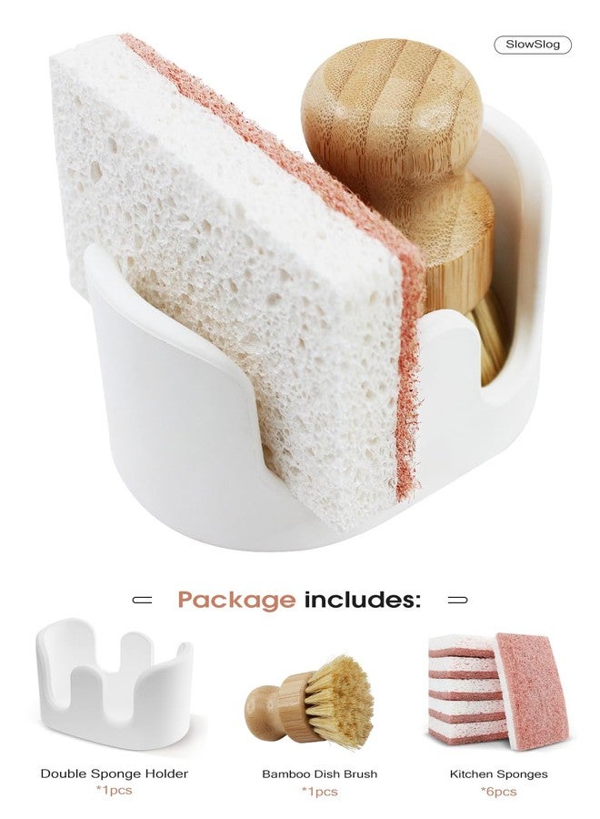 Slow Slog Double Sponge Holder, Water-Absorbing Stone Dish Sponge Caddy for Kitchen Sink Counter, Fast-Drying Stone Sponge Holder with 6 Sponges and 1 Brush, White - Image 4