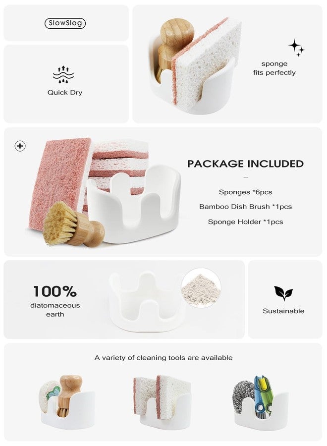 Slow Slog Double Sponge Holder, Water-Absorbing Stone Dish Sponge Caddy for Kitchen Sink Counter, Fast-Drying Stone Sponge Holder with 6 Sponges and 1 Brush, White - Image 2