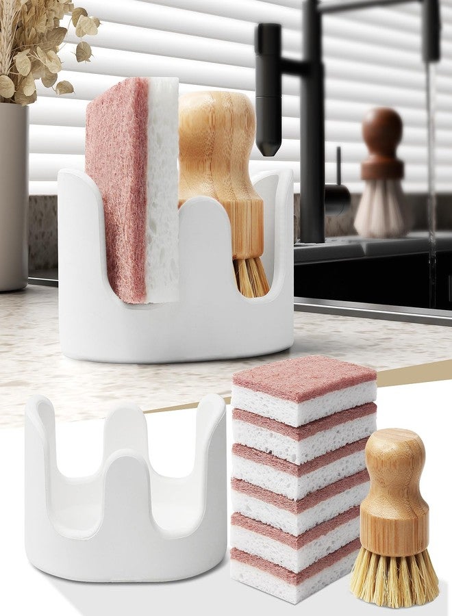 Slow Slog Double Sponge Holder, Water-Absorbing Stone Dish Sponge Caddy for Kitchen Sink Counter, Fast-Drying Stone Sponge Holder with 6 Sponges and 1 Brush, White - Image 1